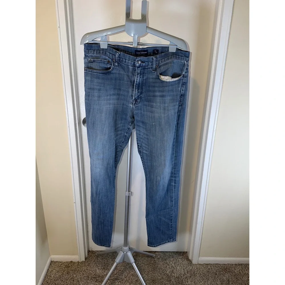 Lucky Brand 121 Slim Jeans Mens 36x34 Blue Medium Wash Denim Distressed